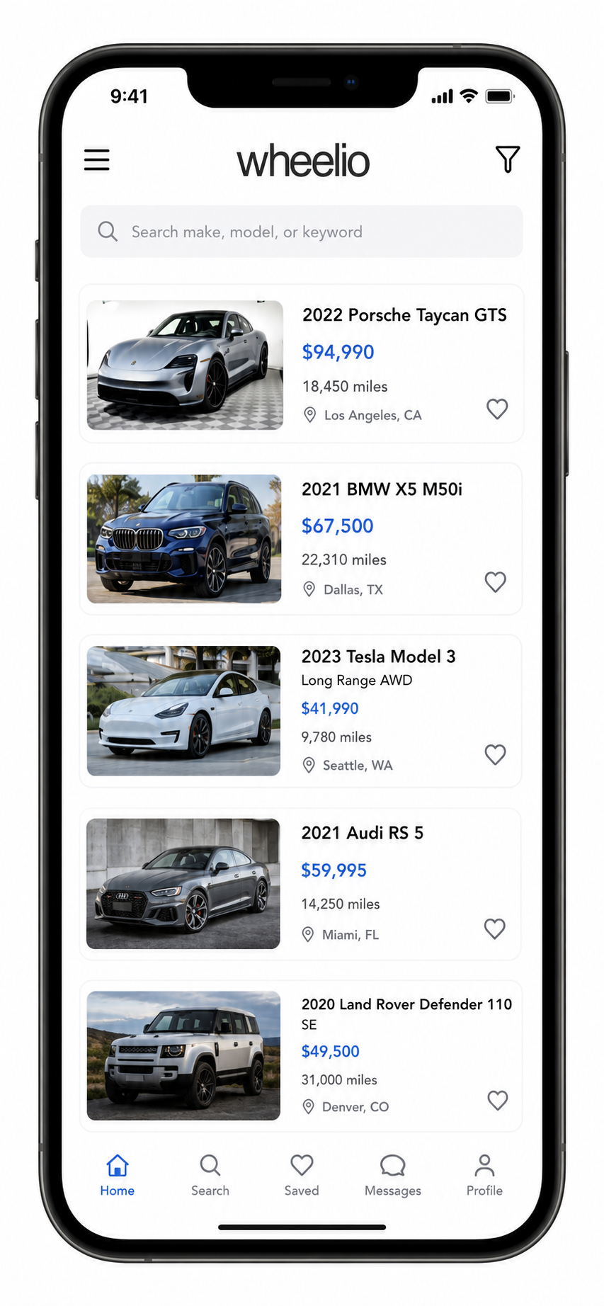 Wheelio mobile app showing natural language car search: AWD luxury vehicles under $100k